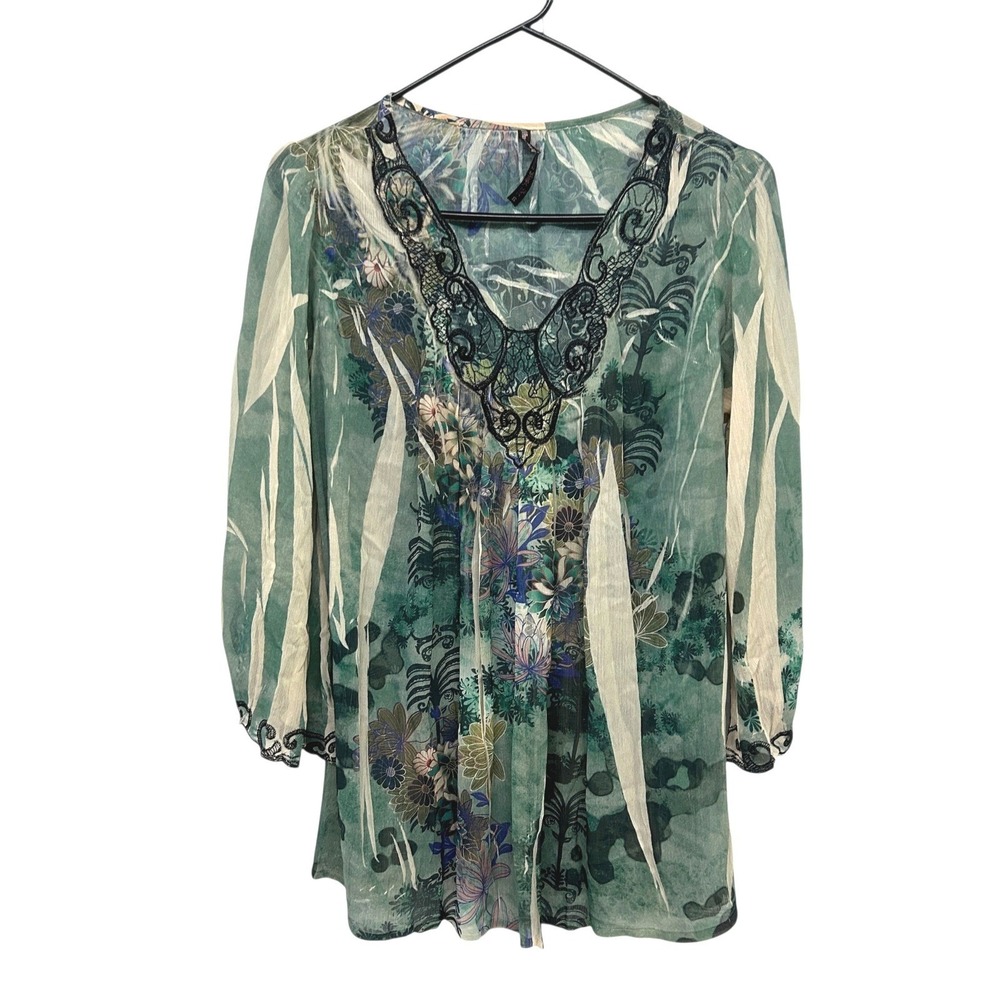 Fairy Sheer‎ Embroidered Lace Floral Top S Green Flowy Chiffon Romantic Boho
